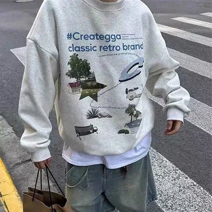 Herbst y2k Vintage Grey Print Sweatshirts für Männer neue übergroße Crewneck Pullover Hoodies High Street Sudaredaras Hombre