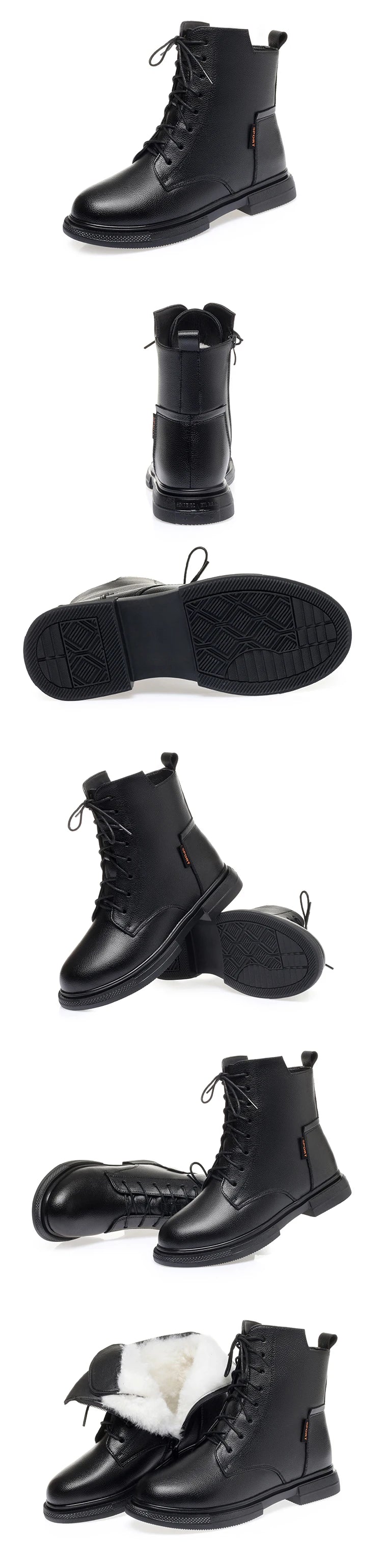 Schwarze Winterstiefeletten mit Schnürung, Profilsohle und Fellfutter – Seitenansichten.