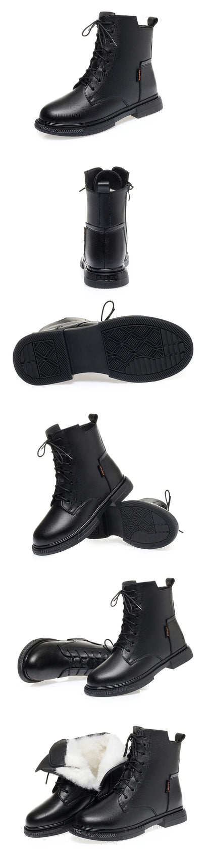 Schwarze Winterstiefeletten mit Schnürung, Profilsohle und Fellfutter – Seitenansichten.