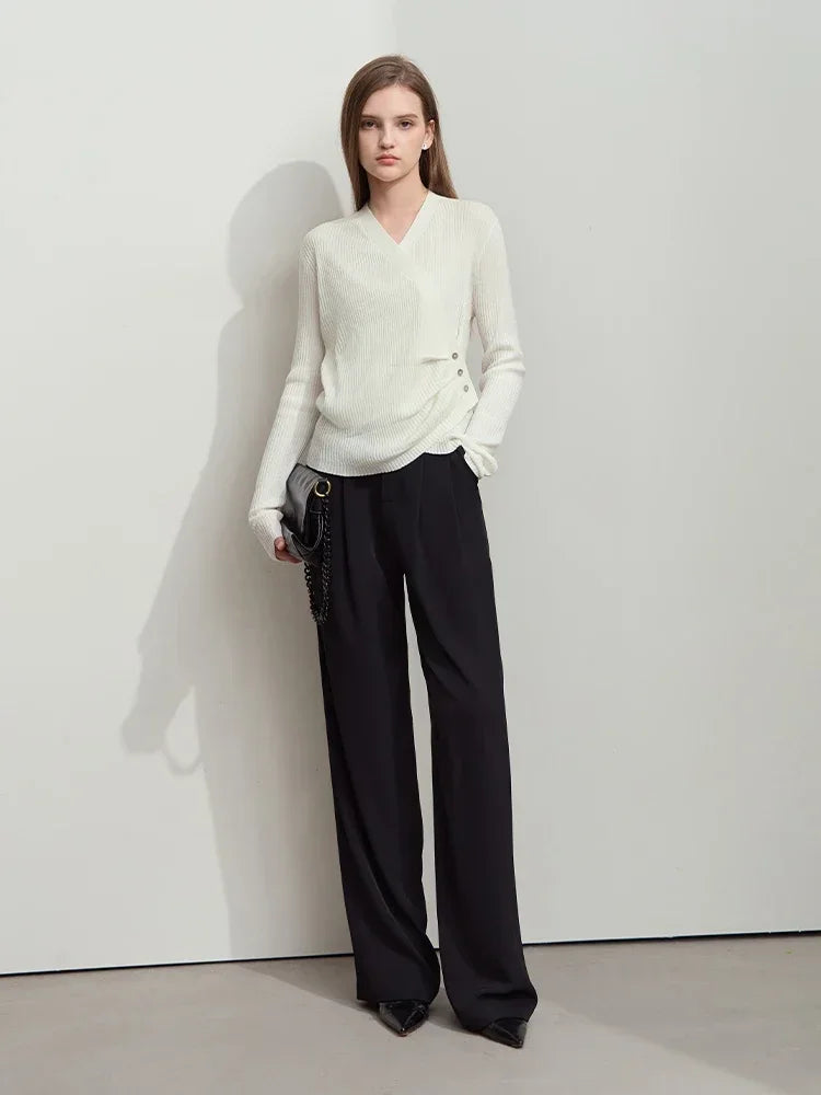 Damen V-Ausschnitt Pullover plissiert Muschelschnalle Wolle Herbst