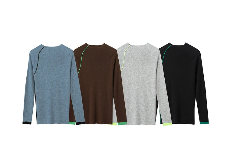 Pullover in vier Farben: blau, braun, grau, schwarz, jeweils mit grüner Kontrasteinfassung
