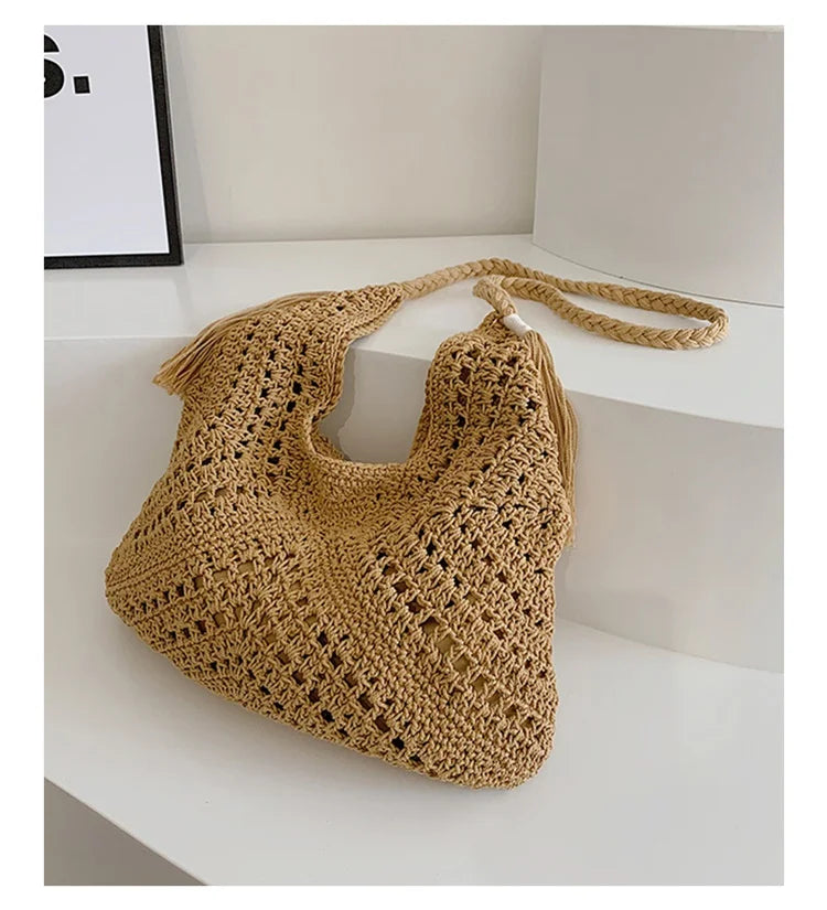 Damen Tote Bag Beach Woven Travel Shoulder Crossbody Purse