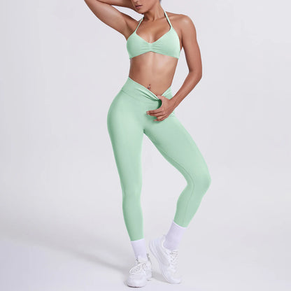 Atmungsaktives Yoga-Set: High-Waist-Leggings und Sport-BH in Mintgrün
