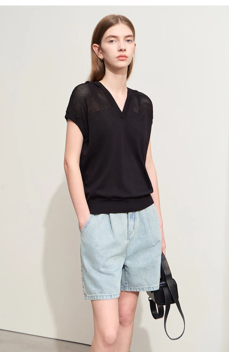 Damen-Kapuzenpullover Viskose Kurzarm locker Patchwork Sommer