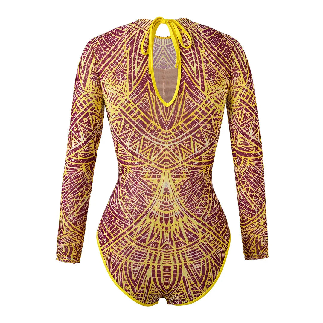 Damen Badeanzug Blumen Print Langarm mit Hose Einteiler Schwimmanzug