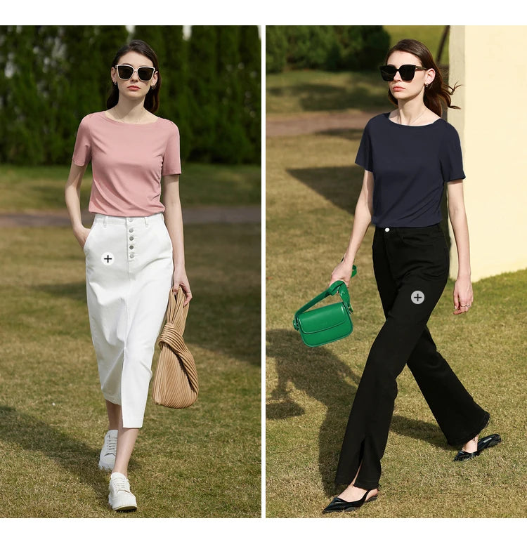 Damen T-Shirt im minimalistischen Stil mit One-Line Kragen und kurzen Ärmeln