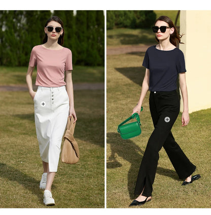 Damen T-Shirt im minimalistischen Stil mit One-Line Kragen und kurzen Ärmeln