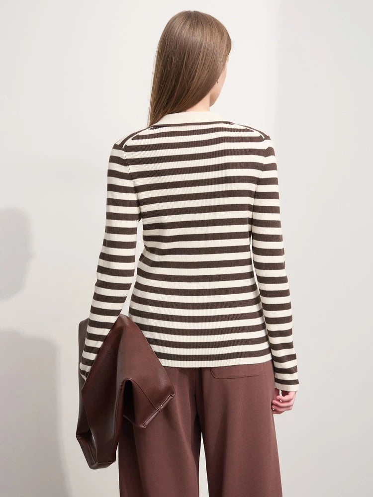Damen V-Ausschnitt Pullover Streifen Stickerei Polo Kontrastfarben Herbst