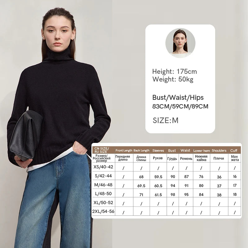 Damen-Rollkragenpullover 100 % Wolle locker Herbst-Winter