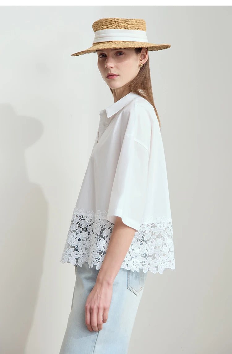 Damen Kurzarm Shirt mit drehbarem Kragen und solider Aushöhlung