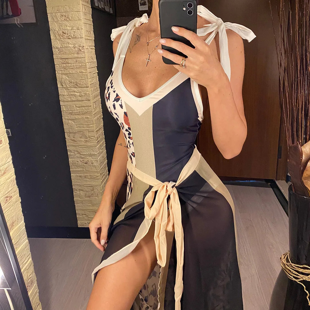 Damen Badeanzug Leopard Spleiß V-Ausschnitt mit Rock Monokini