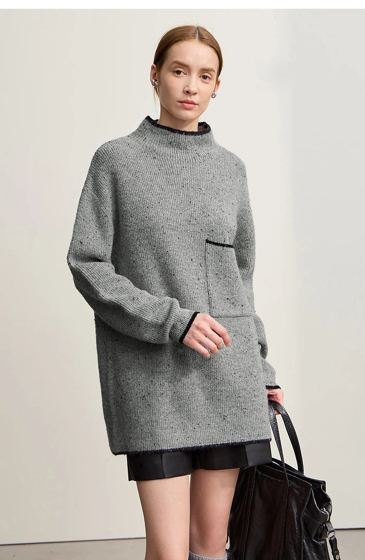 Damen-Rollkragenpullover Wolle dick locker lang Winter