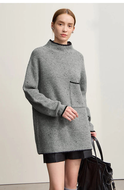 Damen-Rollkragenpullover Wolle dick locker lang Winter