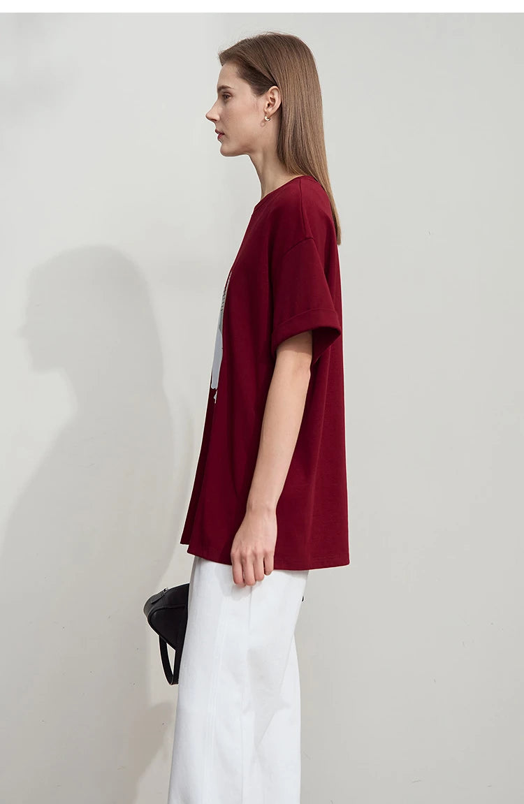 Damen Top im minimalistischen Stil mit O-Ausschnitt und bedrucktem Design