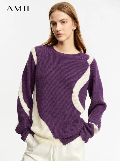 Damen-Rundhalspullover Wolle Yak asymmetrisch Patchwork locker Winter