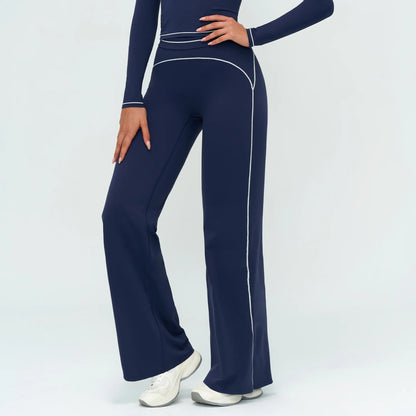 Damen-Yogahose hohe Taille, dunkelblau mit weißen Ziernähten, weit fallender Schlag