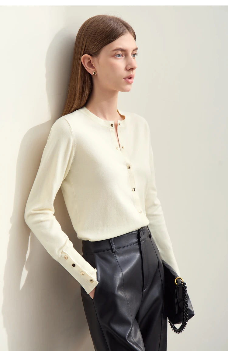 Damen-Strickjacke Rundhals Wolle Metallknopf französisch Büro Frühling