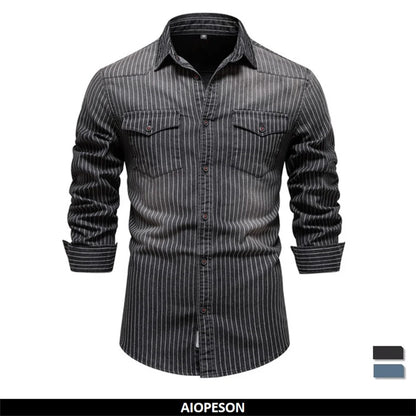 Herren Denim Shirts aus Baumwolle mit Streifen und langem Arm