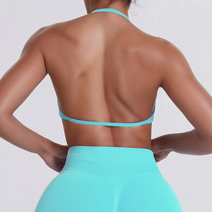 Rückenfreier Yoga-BH mit Neckholder, türkisfarben, Rückansicht mit Trägern