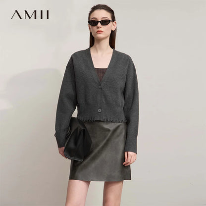 Damen-Strickjacke V-Ausschnitt kurz Quaste locker Langarm Herbst