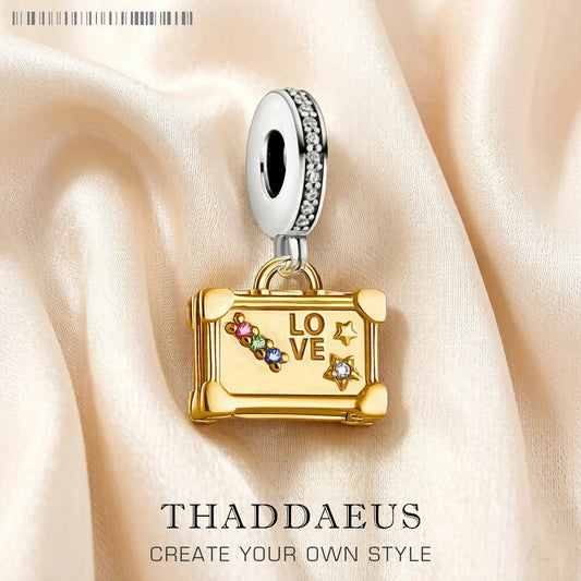 Damen-Charm-Anhänger Vintage Koffer golden Reise aus Sterlingsilber