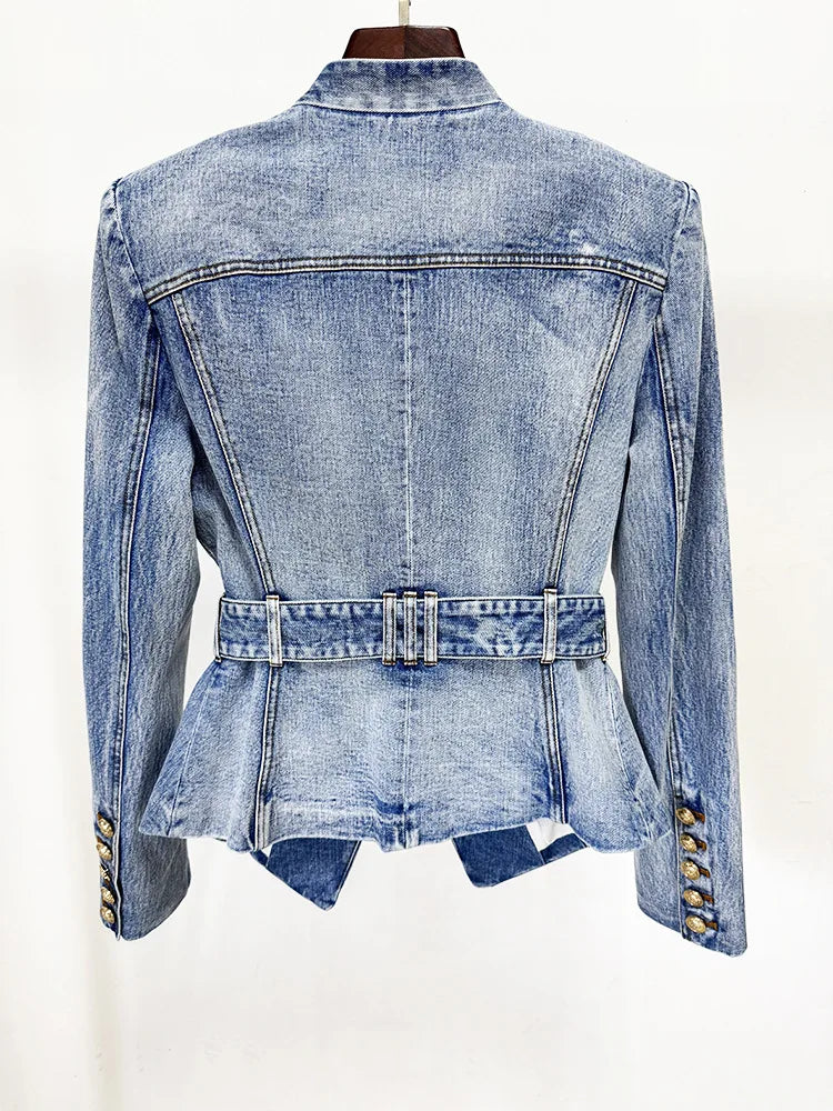Damen-Blazer Denim Slim Gürtel Löwenknopf V-Ausschnitt Einknopf