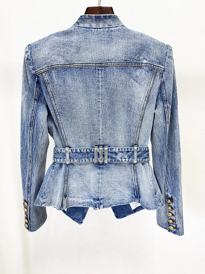 Damen-Blazer Denim Slim Gürtel Löwenknopf V-Ausschnitt Einknopf