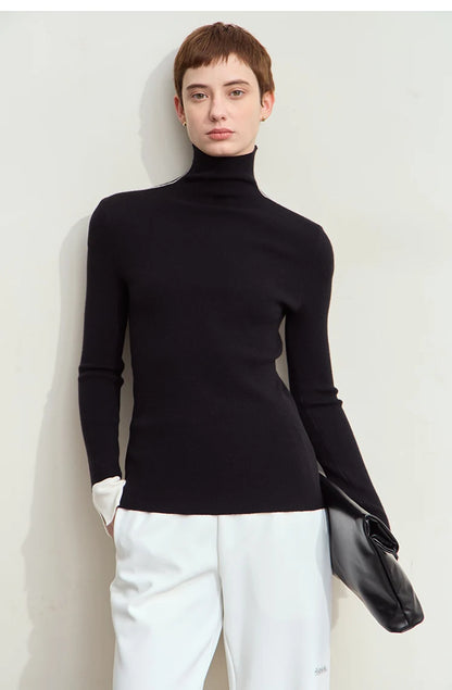 Damen-Rollkragenpullover Farbkontrast Slim Fit Langarm Frühling