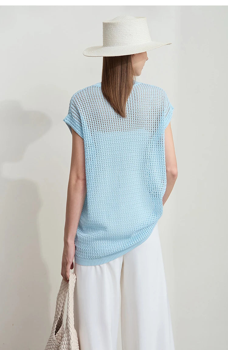 Damen-Shortsleeve-Strickpullover hellblau, Rückansicht mit Rundhalsausschnitt