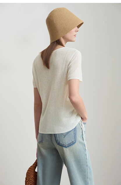 Damen-Strickpullover mit Rundhals und Kurzarm, hellbeige, Rückenansicht