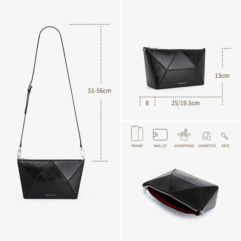 Echtleder-Schultertasche/Clutch in Schwarz mit langem Riemen und Dreiecksdesign