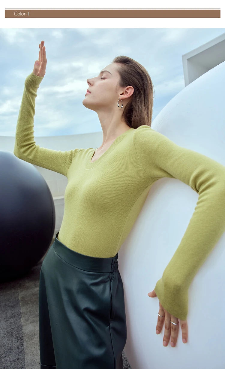 Gelbgrüner Damen-Strickpullover mit V-Ausschnitt und langen Ärmeln
