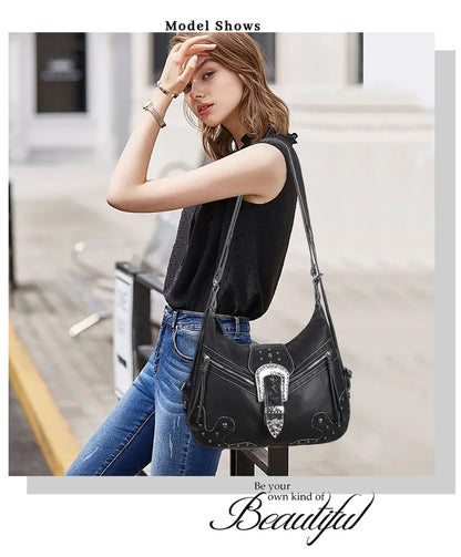 Damen-Schultertasche aus PU-Leder mit Top-Griff Reißverschluss Mehrfachfächer für Handy und Geldbörse