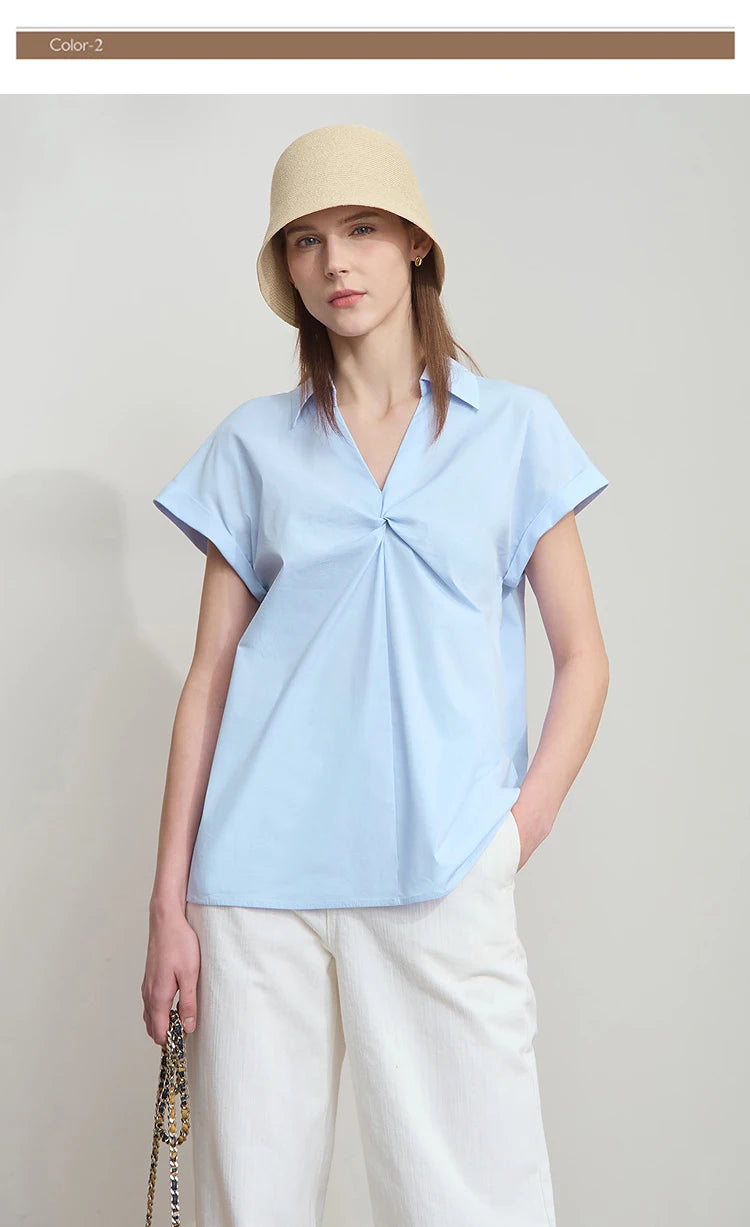 Damen Bluse im minimalistischen französischen Stil mit umlegekragen und gedrehten Falten