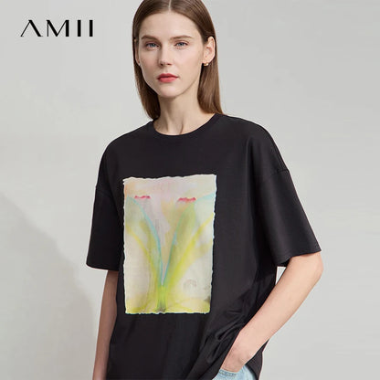 Damen T-Shirt im minimalistischen Stil mit Druck und Rundhals-Ausschnitt
