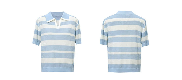 Damen-Polopullover, hellblau-weiße Streifen; Front- und Rückansicht