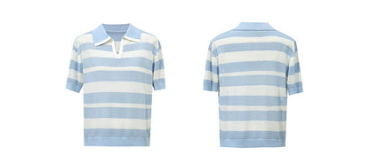 Damen-Polopullover, hellblau-weiße Streifen; Front- und Rückansicht