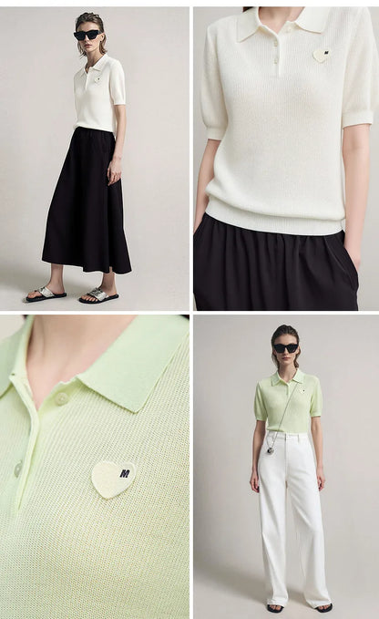 Damen-Strickpullover mit Polokragen und Knopfleiste, Kurzarm