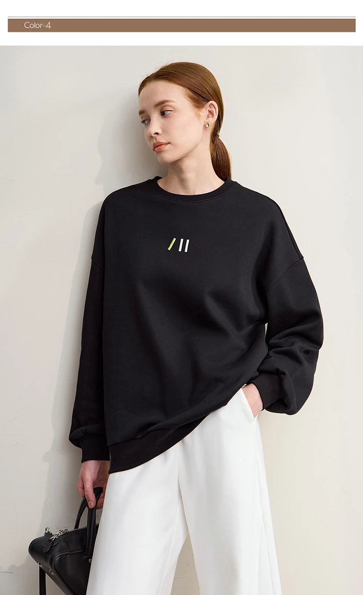 Damen-Rundhals-Sweatshirt Stickerei Kunstfell warm locker Winter