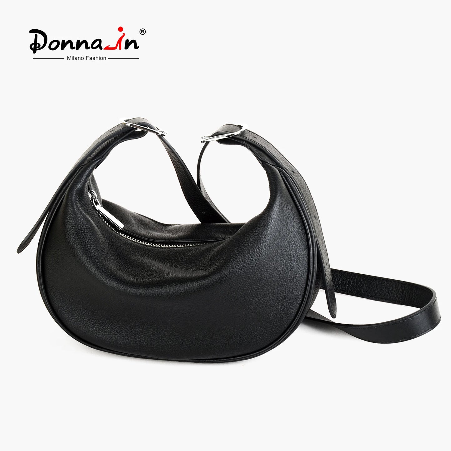 Damen Vollkornleder Hobo Tasche Schwarz | Halbmond-Crossbody