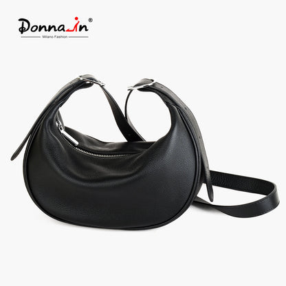 Damen Vollkornleder Hobo Tasche Schwarz | Halbmond-Crossbody