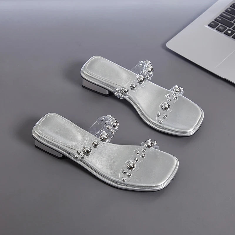 AIYUQI Damen Slippers PVC Square Toe Pearl One-Strap