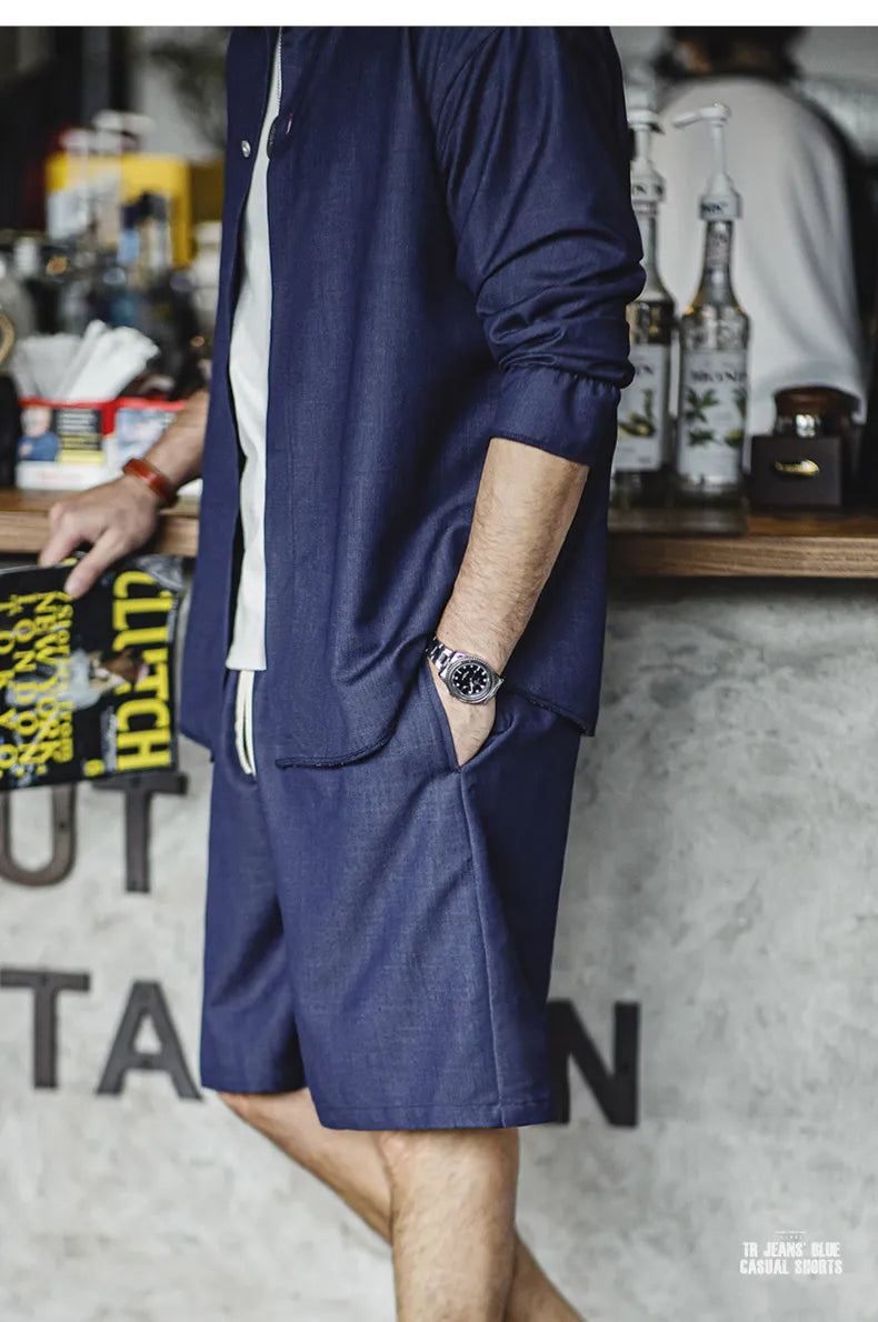 Herren Shorts im Retro-Stil aus gewaschenem Denim mit elastischem Bund und Kordelzug