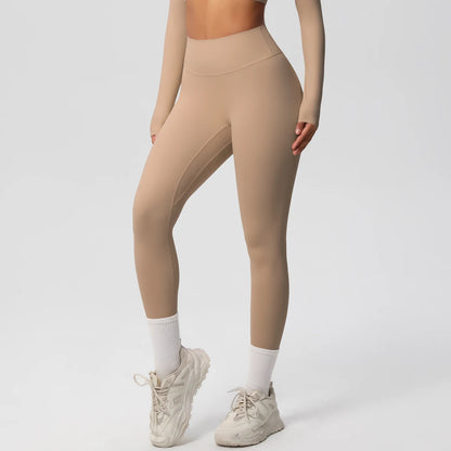 Damen-Yoga-Leggings in Beige, lang, eng anliegend, mit breitem Bund