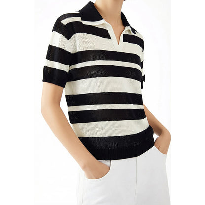 Damen-Polopullover aus Strick, schwarz-weiß geringelt, Polokragen, kurze Ärmel
