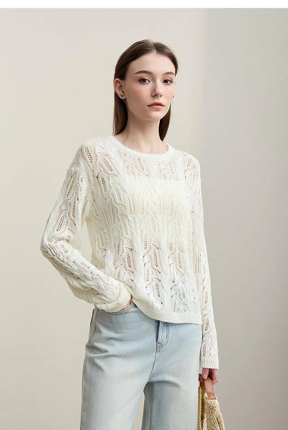 Cremefarbener Damen-Strickpullover mit Rundhals, Zopfmuster und langen Ärmeln