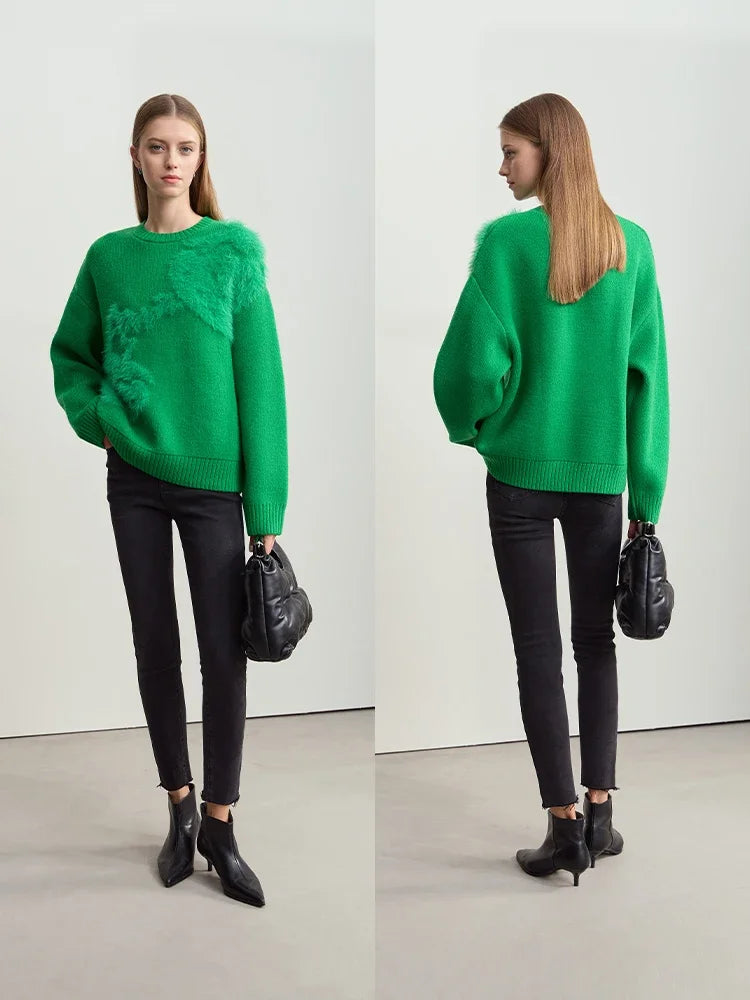 Grüner Pullover für Damen, Rundhalsausschnitt, flauschiger Vorderbesatz und lange Ärmel