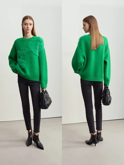 Grüner Pullover für Damen, Rundhalsausschnitt, flauschiger Vorderbesatz und lange Ärmel