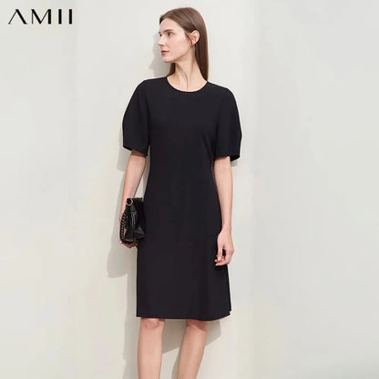 Elegant Damen Chiffon Kleid Midi O-Ausschnitt Laternenärmel Reißverschluss