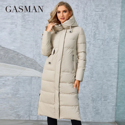 Lange Damen-Daunenjacke mit großen Taschen und modischem Steppdesign – ideal für kalte Tage